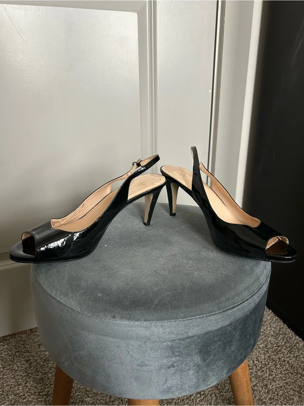Cole Haan Black Patent Slingback Peep-Toe Heels - Picture 3 of 6
